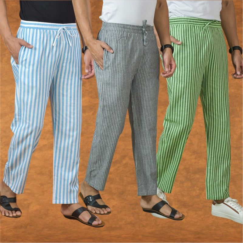 COMBO OF 3 MEN STRIPE COTTON HANDLOOM PANT GRAY OLIVE GREEN AND SKY BLUE