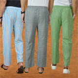 COMBO OF 3 MEN STRIPE COTTON HANDLOOM PANT GRAY OLIVE GREEN AND SKY BLUE