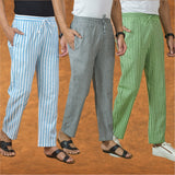 COMBO OF 3 MEN STRIPE COTTON HANDLOOM PANT GRAY OLIVE GREEN AND SKY BLUE