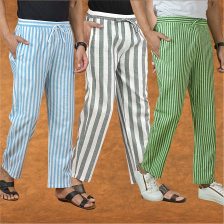COMBO OF 3 MEN STRIPE COTTON HANDLOOM PANT GRAY OLIVE GREEN AND SKY BLUE