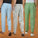 COMBO OF 3 MEN STRIPE COTTON HANDLOOM PANT GRAY OLIVE GREEN AND SKY BLUE