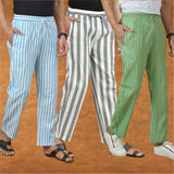 COMBO OF 3 MEN STRIPE COTTON HANDLOOM PANT GRAY OLIVE GREEN AND SKY BLUE
