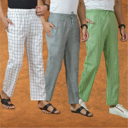 COMBO OF 3 MEN STRIPE COTTON HANDLOOM PANT GRAY OLIVE GREEN AND WHITE
