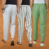 COMBO OF 3 MEN STRIPE COTTON HANDLOOM PANT GRAY OLIVE GREEN AND WHITE