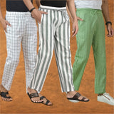 COMBO OF 3 MEN STRIPE COTTON HANDLOOM PANT GRAY OLIVE GREEN AND WHITE