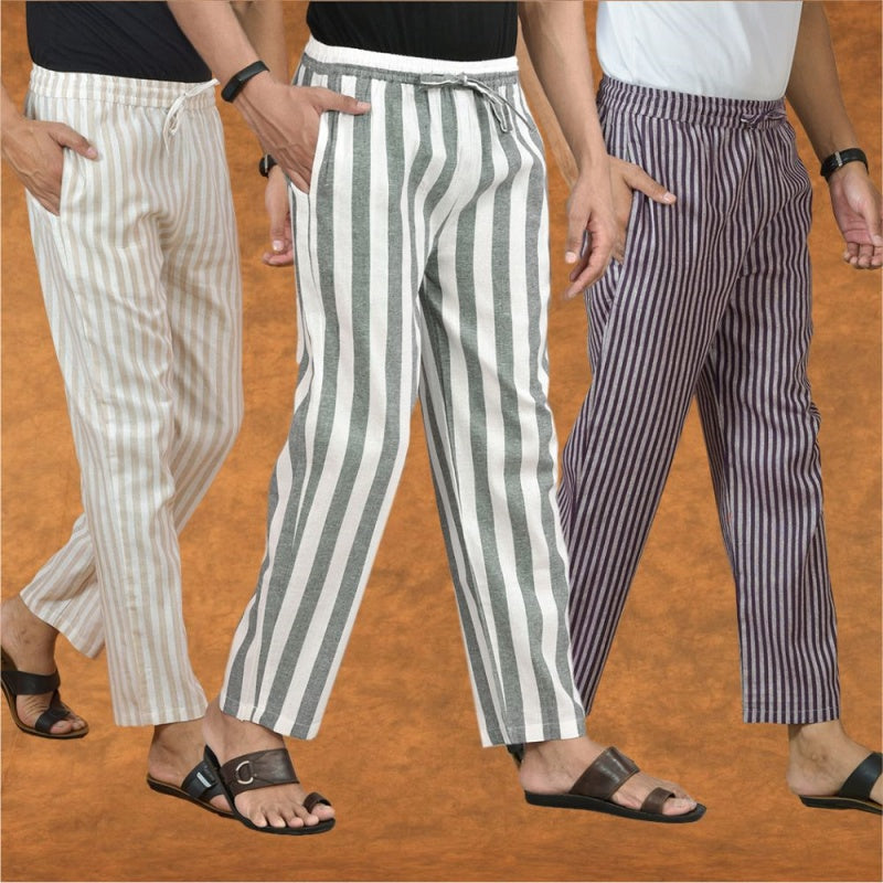 COMBO OF 3 MEN STRIPE COTTON HANDLOOM PANT GRAY PURPLE AND BEIGE
