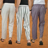 COMBO OF 3 MEN STRIPE COTTON HANDLOOM PANT GRAY PURPLE AND BEIGE
