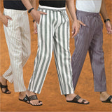 COMBO OF 3 MEN STRIPE COTTON HANDLOOM PANT GRAY PURPLE AND BEIGE