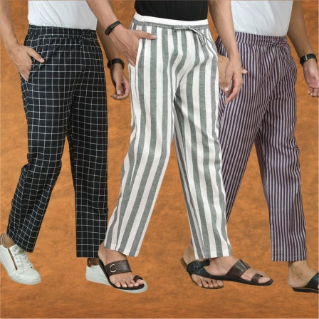 COMBO OF 3 MEN STRIPE COTTON HANDLOOM PANT GRAY PURPLE AND BLACK
