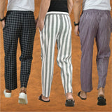 COMBO OF 3 MEN STRIPE COTTON HANDLOOM PANT GRAY PURPLE AND BLACK