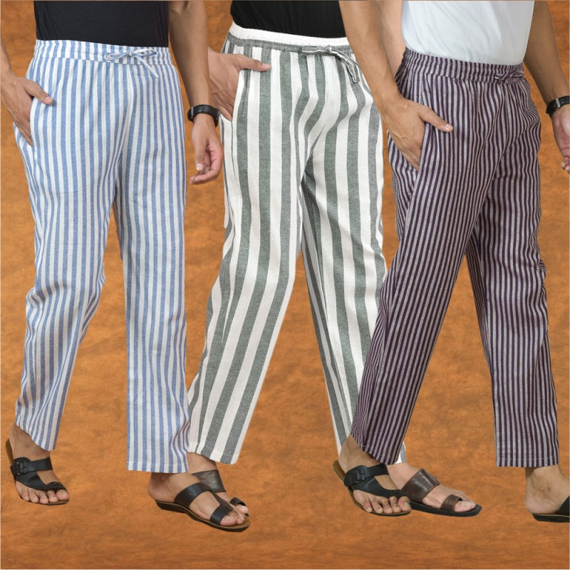 COMBO OF 3 MEN STRIPE COTTON HANDLOOM PANT GRAY PURPLE AND BLUE