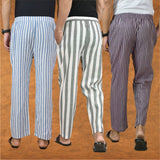 COMBO OF 3 MEN STRIPE COTTON HANDLOOM PANT GRAY PURPLE AND BLUE