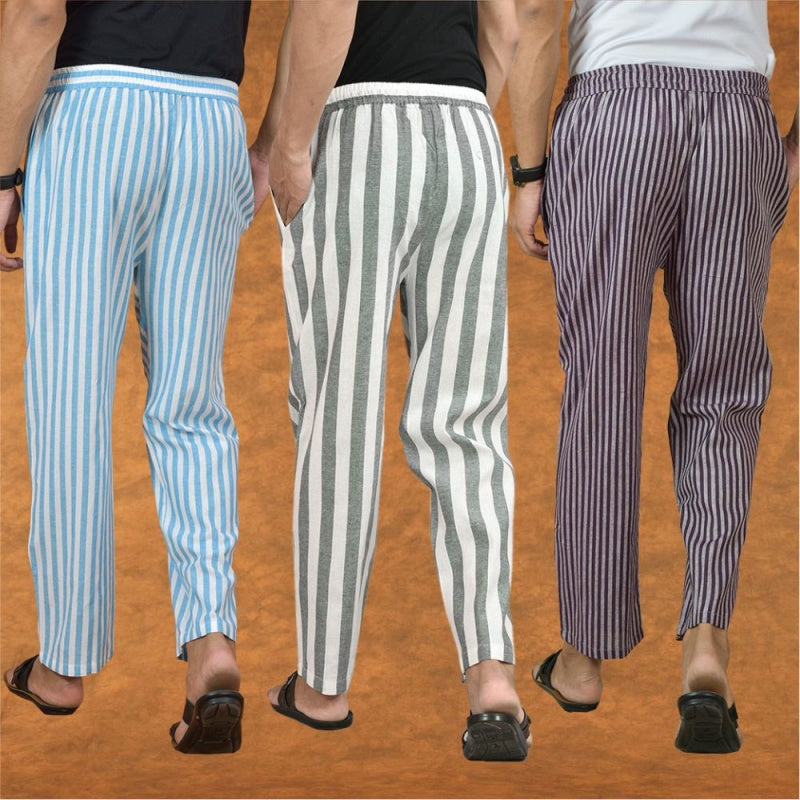 COMBO OF 3 MEN STRIPE COTTON HANDLOOM PANT GRAY PURPLE AND SKY BLUE