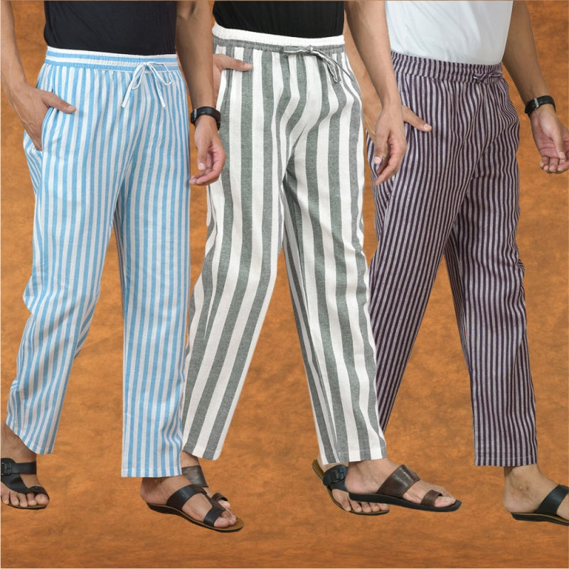 COMBO OF 3 MEN STRIPE COTTON HANDLOOM PANT GRAY PURPLE AND SKY BLUE