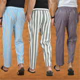 COMBO OF 3 MEN STRIPE COTTON HANDLOOM PANT GRAY PURPLE AND SKY BLUE