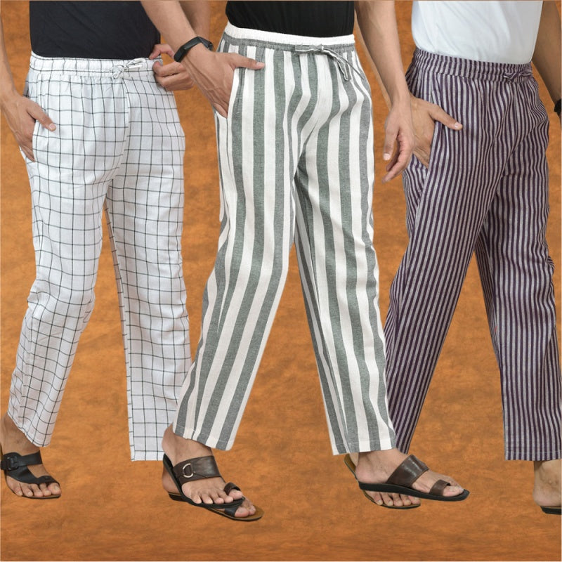 COMBO OF 3 MEN STRIPE COTTON HANDLOOM PANT GRAY PURPLE AND WHITE