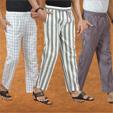 COMBO OF 3 MEN STRIPE COTTON HANDLOOM PANT GRAY PURPLE AND WHITE