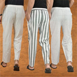 COMBO OF 3 MEN STRIPE COTTON HANDLOOM PANT GRAY WHITE AND BEIGE