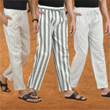 COMBO OF 3 MEN STRIPE COTTON HANDLOOM PANT GRAY WHITE AND BEIGE