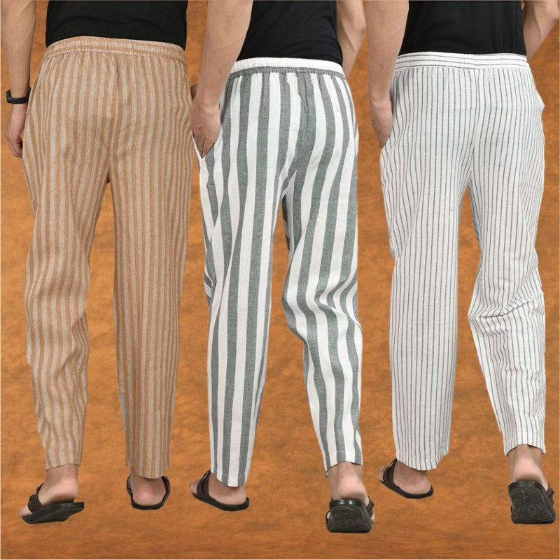 COMBO OF 3 MEN STRIPE COTTON HANDLOOM PANT GRAY WHITE AND BEIGE