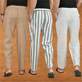 COMBO OF 3 MEN STRIPE COTTON HANDLOOM PANT GRAY WHITE AND BEIGE