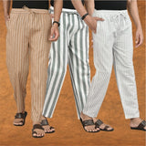 COMBO OF 3 MEN STRIPE COTTON HANDLOOM PANT GRAY WHITE AND BEIGE