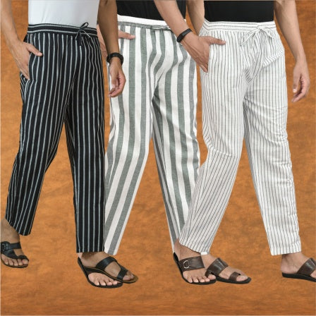 COMBO OF 3 MEN STRIPE COTTON HANDLOOM PANT GRAY WHITE AND BLACK
