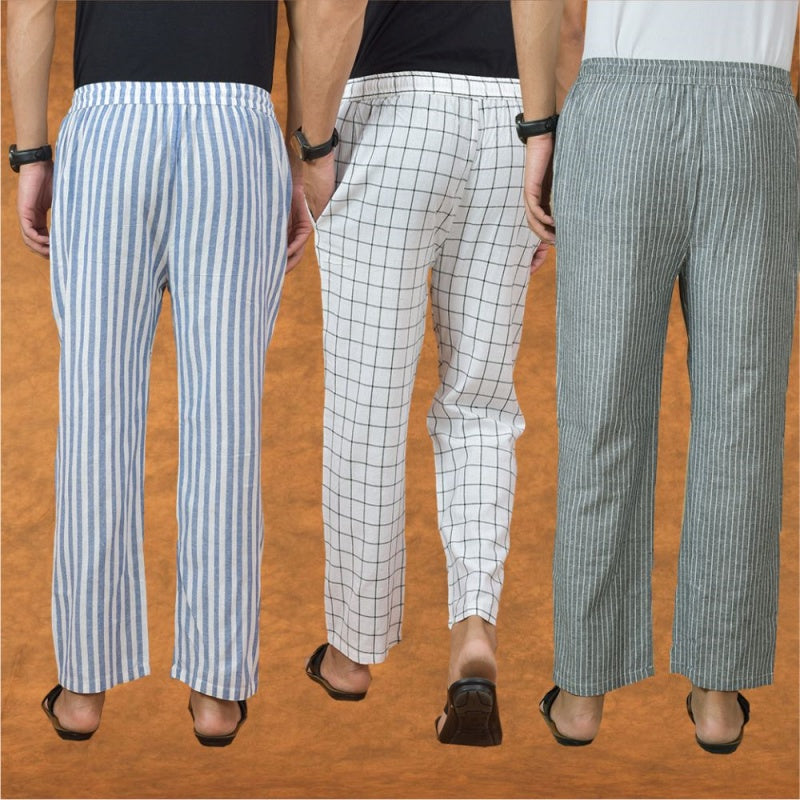 COMBO OF 3 MEN STRIPE COTTON HANDLOOM PANT GRAY WHITE AND BLUE