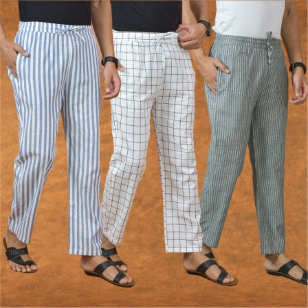 COMBO OF 3 MEN STRIPE COTTON HANDLOOM PANT GRAY WHITE AND BLUE