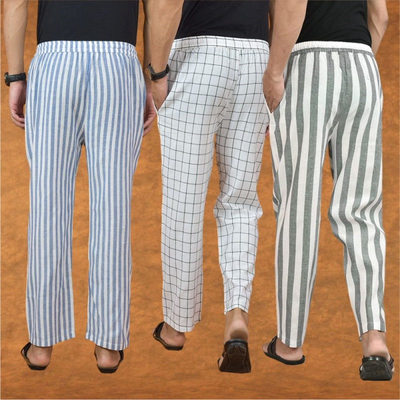 COMBO OF 3 MEN STRIPE COTTON HANDLOOM PANT GRAY WHITE AND BLUE