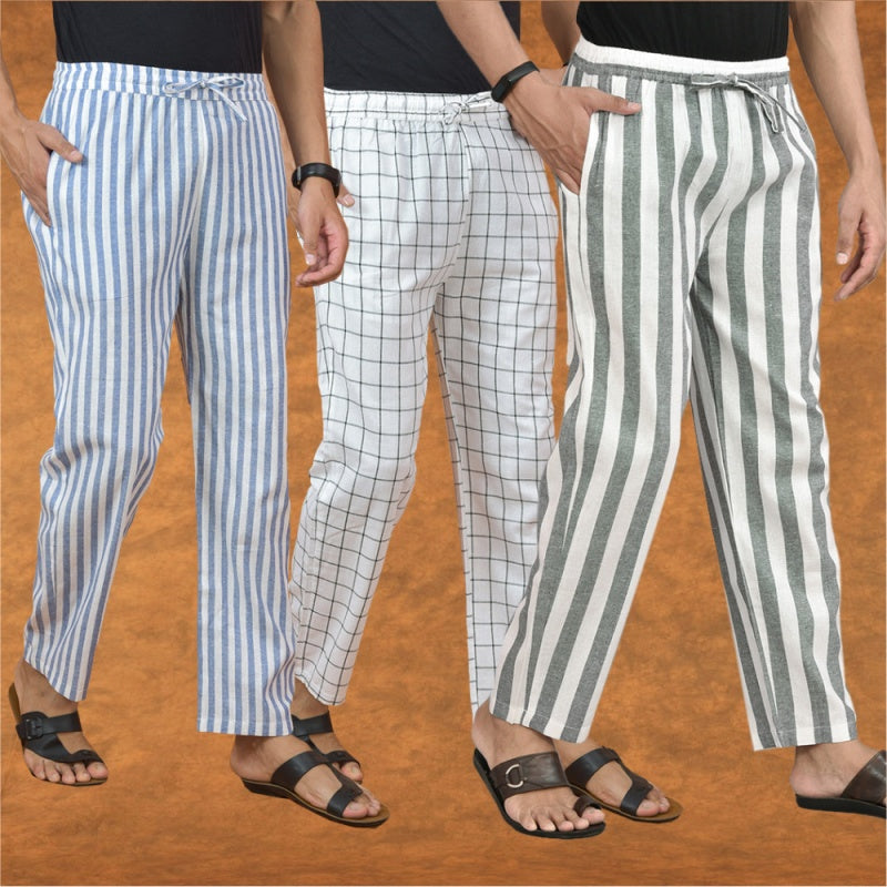 COMBO OF 3 MEN STRIPE COTTON HANDLOOM PANT GRAY WHITE AND BLUE