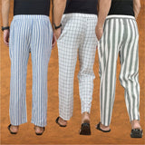 COMBO OF 3 MEN STRIPE COTTON HANDLOOM PANT GRAY WHITE AND BLUE