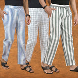 COMBO OF 3 MEN STRIPE COTTON HANDLOOM PANT GRAY WHITE AND BLUE