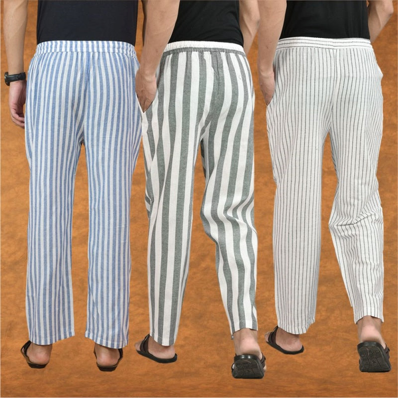 COMBO OF 3 MEN STRIPE COTTON HANDLOOM PANT GRAY WHITE AND BLUE