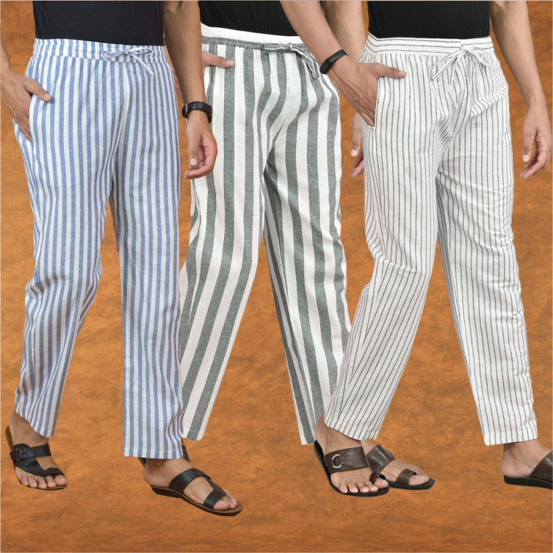 COMBO OF 3 MEN STRIPE COTTON HANDLOOM PANT GRAY WHITE AND BLUE