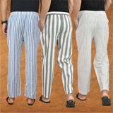 COMBO OF 3 MEN STRIPE COTTON HANDLOOM PANT GRAY WHITE AND BLUE
