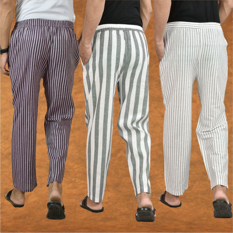 COMBO OF 3 MEN STRIPE COTTON HANDLOOM PANT GRAY WHITE AND PURPLE