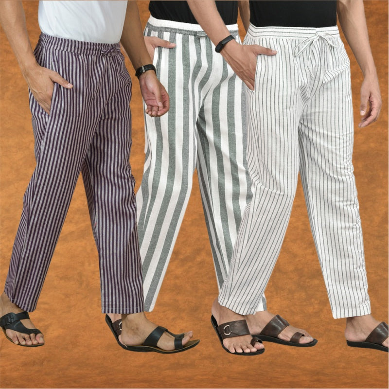 COMBO OF 3 MEN STRIPE COTTON HANDLOOM PANT GRAY WHITE AND PURPLE