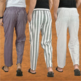 COMBO OF 3 MEN STRIPE COTTON HANDLOOM PANT GRAY WHITE AND PURPLE