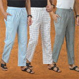 COMBO OF 3 MEN STRIPE COTTON HANDLOOM PANT GRAY WHITE AND SKY BLUE