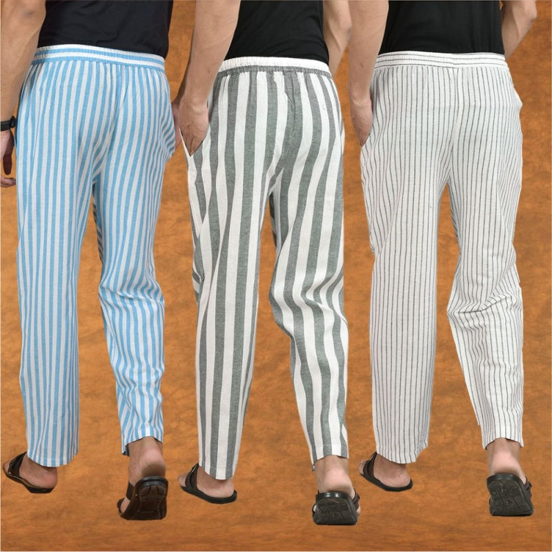 COMBO OF 3 MEN STRIPE COTTON HANDLOOM PANT GRAY WHITE AND SKY BLUE