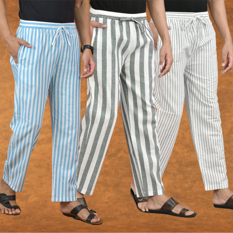 COMBO OF 3 MEN STRIPE COTTON HANDLOOM PANT GRAY WHITE AND SKY BLUE