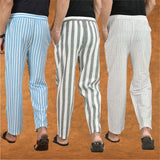 COMBO OF 3 MEN STRIPE COTTON HANDLOOM PANT GRAY WHITE AND SKY BLUE