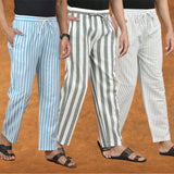 COMBO OF 3 MEN STRIPE COTTON HANDLOOM PANT GRAY WHITE AND SKY BLUE