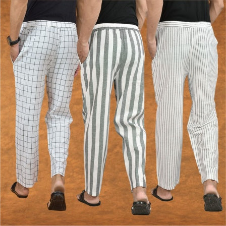 COMBO OF 3 MEN STRIPE COTTON HANDLOOM PANT GRAY WHITE AND WHITE