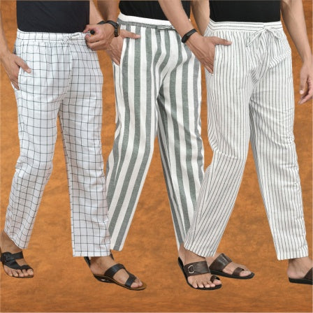 COMBO OF 3 MEN STRIPE COTTON HANDLOOM PANT GRAY WHITE AND WHITE