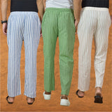 COMBO OF 3 MEN STRIPE COTTON HANDLOOM PANT OLIVE GREEN BEIGE AND BLUE