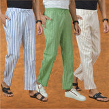 COMBO OF 3 MEN STRIPE COTTON HANDLOOM PANT OLIVE GREEN BEIGE AND BLUE