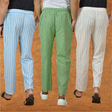 COMBO OF 3 MEN STRIPE COTTON HANDLOOM PANT OLIVE GREEN BEIGE AND SKY BLUE