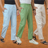 COMBO OF 3 MEN STRIPE COTTON HANDLOOM PANT OLIVE GREEN BEIGE AND SKY BLUE